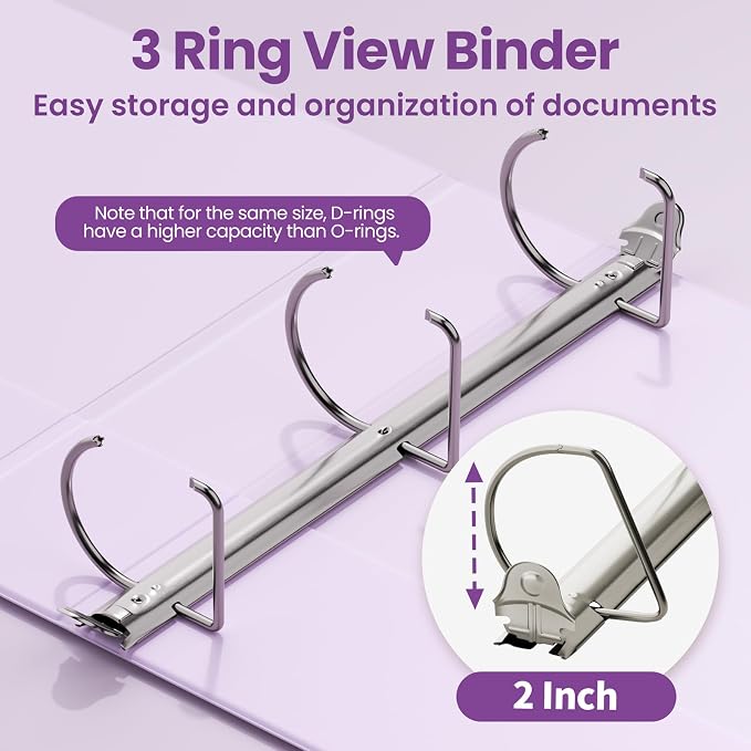 SUNEE 3 Ring Binder 2 Inch, Clear View Binder Three Ring PVC-Free (Fit 8.5x11 Inches) for School or Office Supplies, Light Purple, 1 Pack