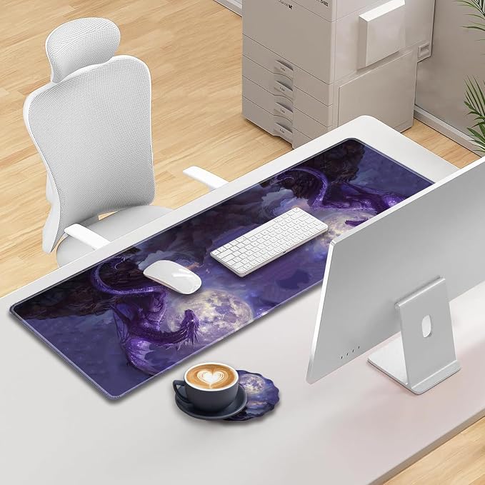 Extended Gaming Mouse Pad 31.5" x 11.8", with Edge Stitching, Non-Slip Rubber Base Keyboard Pad, Suitable for Work, Game, Office, Home and Coasters, Starry Purple Dragon