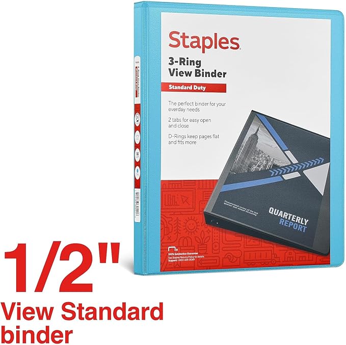 Staples Standard 0.5-Inch D-Ring View Binder, Holds Up to 100 Sheets, Teal, Slim Binder for Office, School & Home