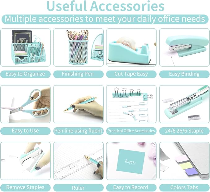 12 in 1 Green Desk Organizers & Accessories Set for Office & Home & School | Teal Green Office Supplies for Coworkers Students, Include Stapler, Pen Holder, Tape Holder, Scissors, Ruler, Staple Remover