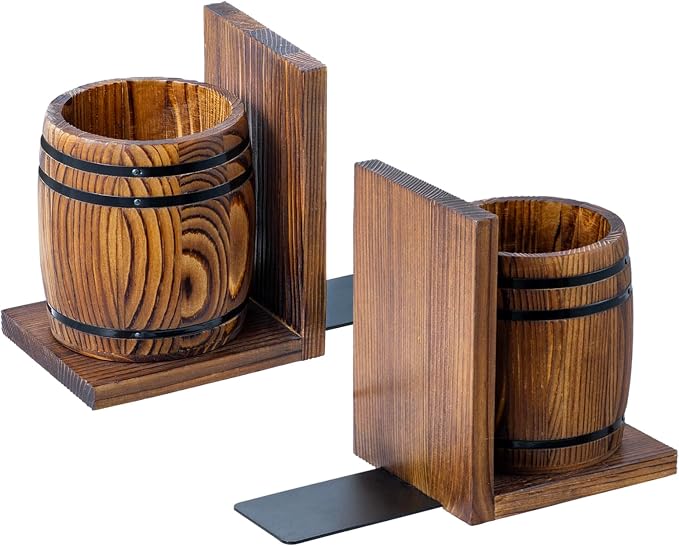 MyGift Rustic Wood Bookends with Pen Holders, Wine Barrel Design, 1 Pair | Built-in storage cups keep pens, pencils, and desk essentials organized while supporting books on shelves or desktops