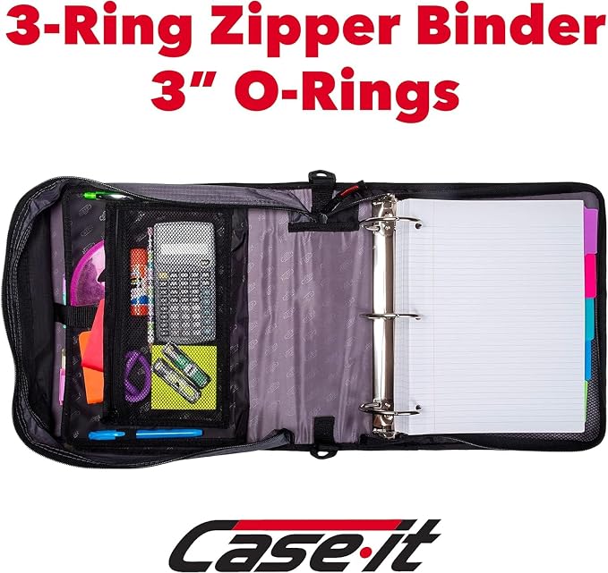 Case-it School Zipper Binder | 3" O-Rings | 600-Sheet | D-156-N Jet Black | Mighty Zip Tab, 5-Color Tab Expanding File Folder, Multiple Pockets, Shoulder Strap, Office