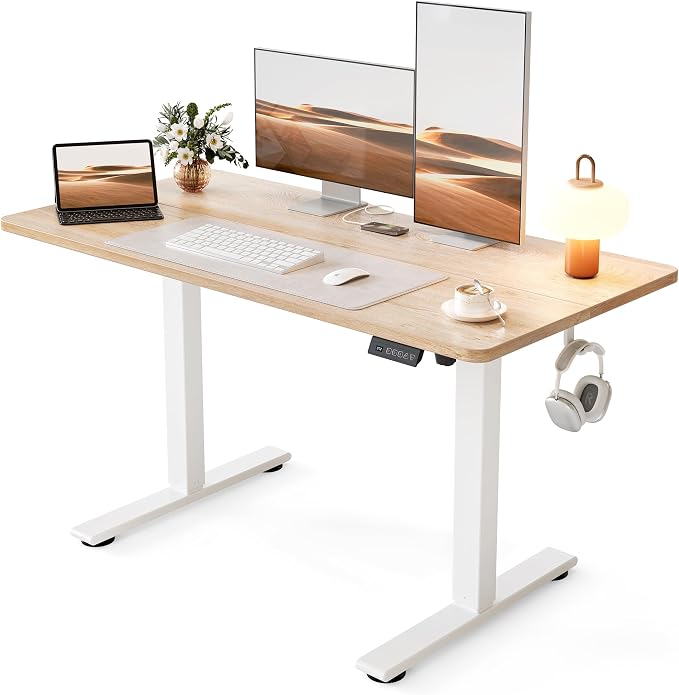 Cubiker Standing Desk, 48x24 Inches Sit Stand Home Office Desk, Electric Stand up Desk, Adjustable Desk with Splice Board, White Frame/Maple Top