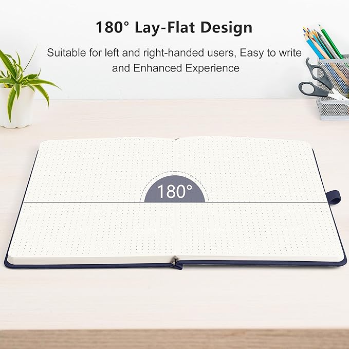 RETTACY Bullet Dotted Journal Notebook, 256 Pages, A5 Medium Size (5.7'' × 8.3''), Leather Hardcover, 120 GSM Thick Paper, for Bullet Journaling, Planning, Tracking (Navy Blue)