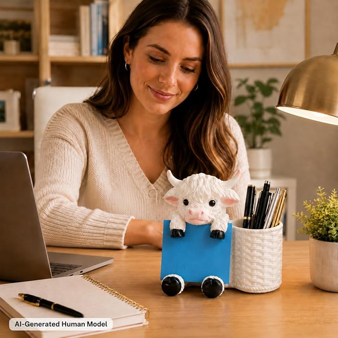 Highland Cow Note Pad Dispenser with Pen Cup, Desk Organizer | Cute highland cow note pad dispenser with pen cup, perfect for desks, offices, classrooms, and cow lover gifts.