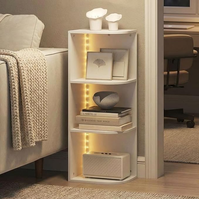 Furinno PASIR Book Shelf with LED Lights, 3-Tier Corner Bookshelf, Open Shelves Bookcase 9.3 x 12 x 31.5, for Home Office, Living Room, Study Room, White