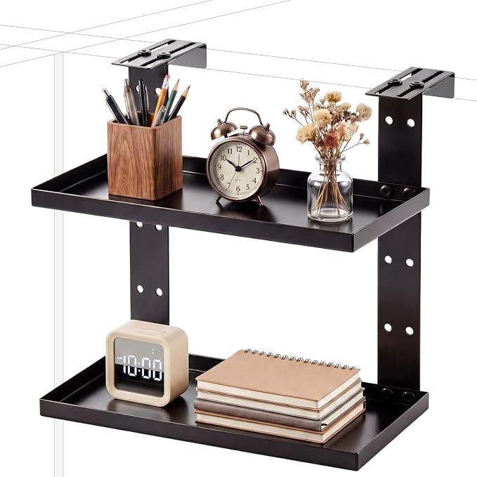 2 Tier Large Cubicle Rectangle Shelf, 11.8''l x 7.87''w Office Cubicle Storage Organizer Accessories, Adjustable Rectangle Shelf with Hooks