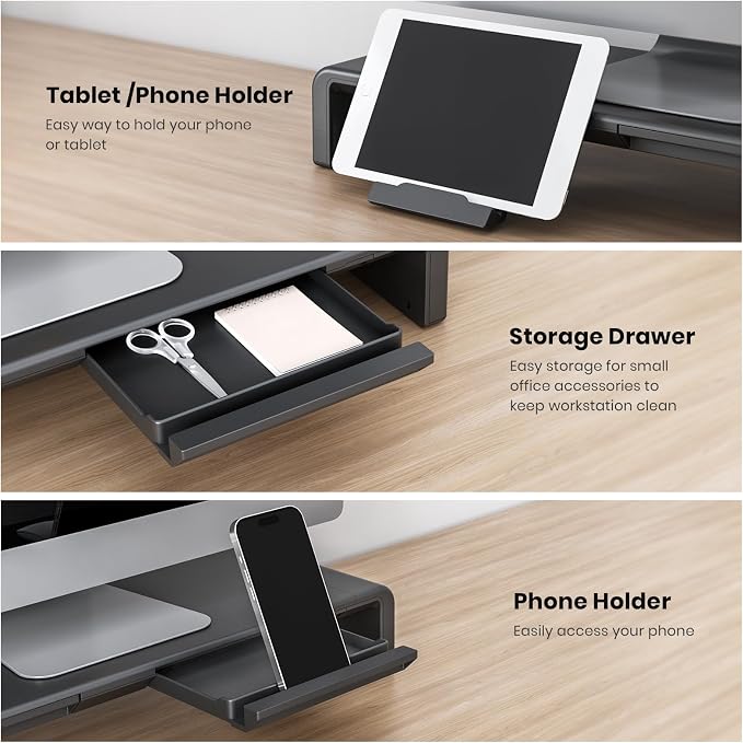 Klearlook Computer Monitor Stand for Desk, Adjustable Foldable Monitor Riser with Storage Drawer & Tablet Phone Holder for Office, Home, Laptop, Desktop (Black)