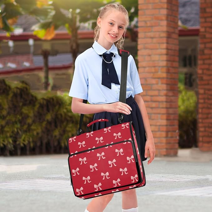 Red Bow Print Zipper Binder Bag 3 Ring with Shoulder Strap & Handle Multi Pocket Binder Organizer Bag Large Capacity for School Office Supplies