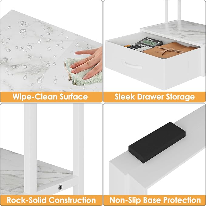 Masupu Printer Stand for Desk, Printer Table with Fabric Storage Drawer, 2 Tier Desktop Shelf, Multi-Purpose Desk Organizer for Home Office, 3D Printer, Fax Machine, Scanner, Marble White