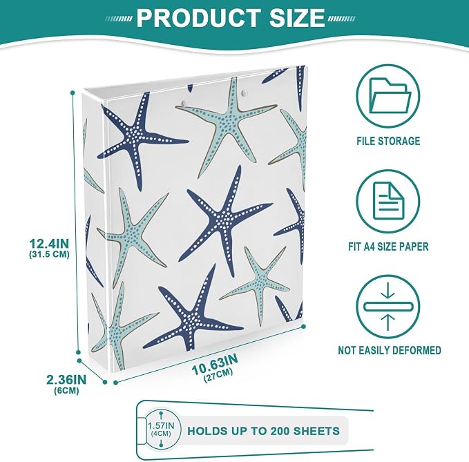 3 Ring Binder Beach Coastal Starfish 1.5 inch Binders Three Ring Binders with Clipboard Fit 8.5'' x 11'' Paper 3 Interior PVC Clear Pockets for Office Supplies