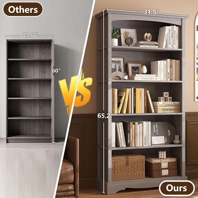 TVU 5-Tier Wooden Bookshelf, 65 Inch Tall Bookshelf with Storage, Floor Standing Modern Style Display Bookcase for Living Room, Office, Study Room, Entryway, Grey