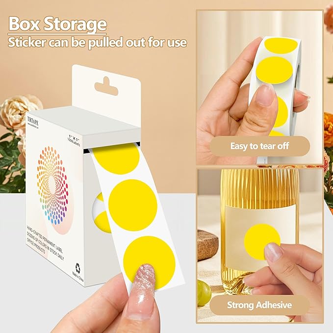 Yellow 1 Inch Round Color Coding Dot Labels, 10 Rolls 10000 Dot Stickers in Dispenser Box - Permanent Adhesion, Vibrant Colors, Highly Visible