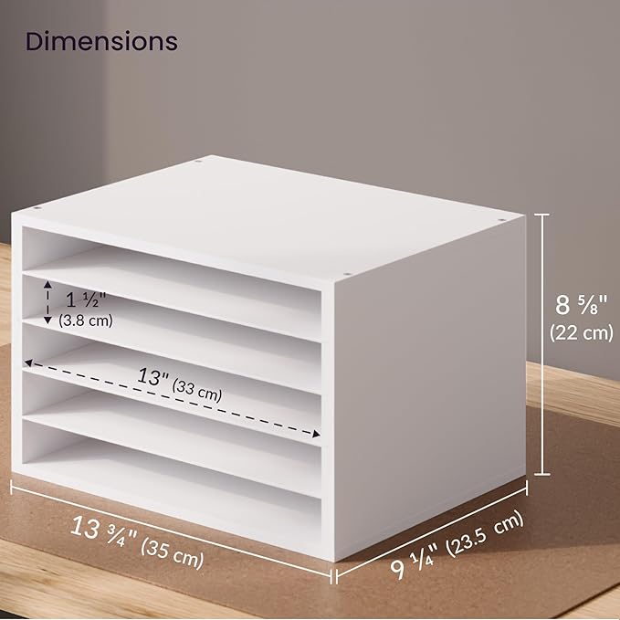 Ballucci 5 Tier Paper Organizer Letter Tray, Wood Desk File Organizer with Adjustable Shelves, Home Office School Letter/A4 Mail Sorter Magazine Holder - White