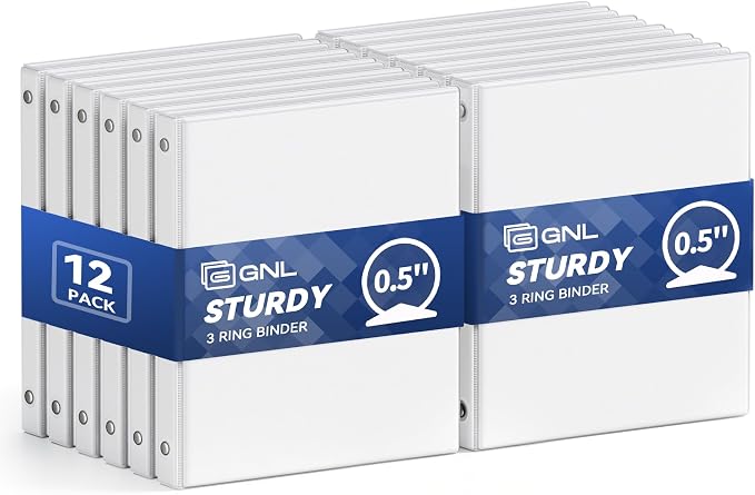 GNL 1/2 Inch Binders 3 Ring Economy 12 Packs White, Half Three Ring (Fits 100 Sheets of 8.5x11 Paper) Clear View PVC-Free & Non-Stick for School or Office Supplies