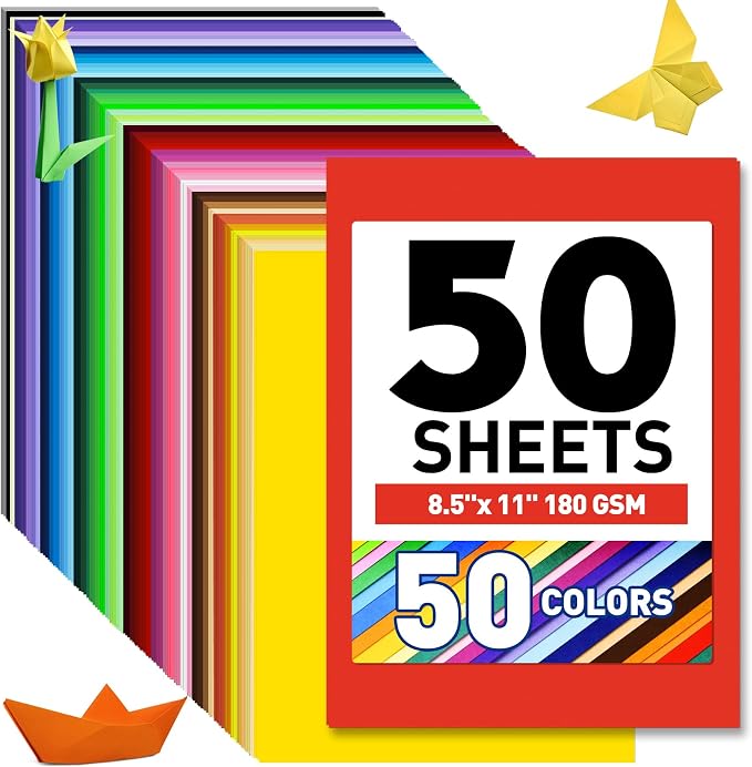 MAXECHO 8.5" x 11" Colored Cardstock 50 Assorted Sheets in 50 Colors, 180 GSM (65 lb) Bulk Construction Paper, Printer Friendly Card Stock for Printing & Making, DIY Crafts, Cricut, School Supplies
