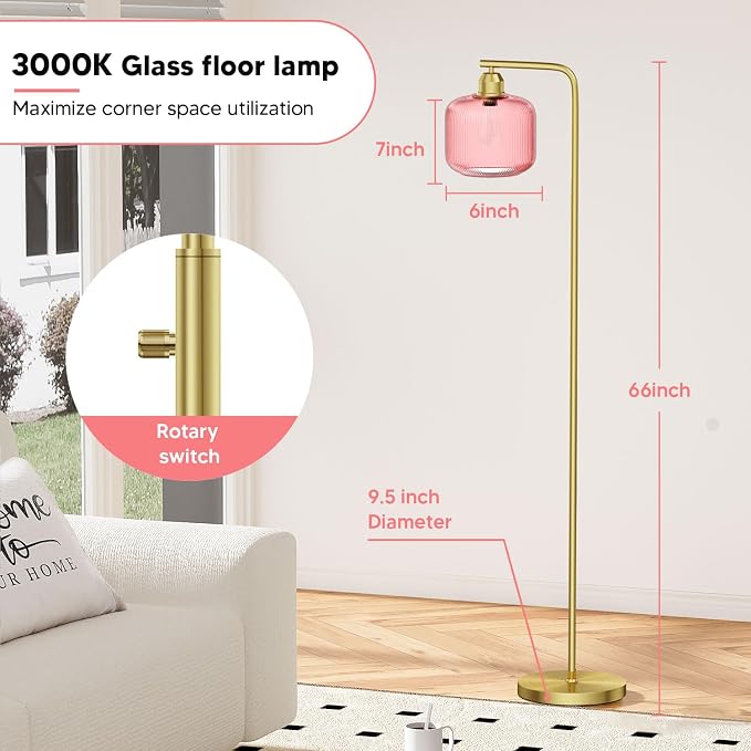 66" Dimmable Gold Standing Lamp with Pink Ribbed Glass for Living Room | Vintage Floor Lamp with Brushed Gold, Stepless Rotary Switch and 3000K LED Bulb, Arc Floor Lamp for Bedroom & Study Room