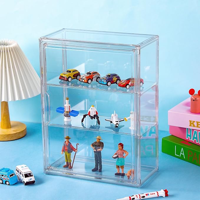2 Pcs Clear Acrylic Display Case 3 Tier Display Shelf Storage Boxes Cabinet Organizer with Magnetic Door for Figures Toys (Clear)