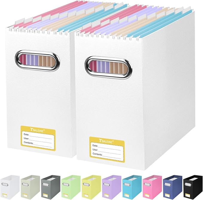 BALEINE 2PK File Organizer Box, Cardboard File Folder Organizer with Handle | Strong Corrugated Paper Core, Label Stickers for Identification, Hanging File Folder Organizer, Home Office Document Storage