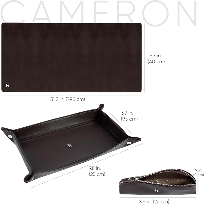 3-Pc Premium Full-Grain Leather Desk Organizer Set | Mat, Pencil Case & Tray | Chic Decor Accessories | Gift for Christmas, Birthday & Anniversary, Brown
