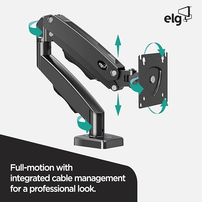 ELG Gas Spring Monitor Arm, Full Motion, 20.9" Reach, 17-35" Screens 19.8 lbs, +85°/-30° Tilt, 360° Rotation, C-Clamp & Grommet, VESA 75x75 to 100x100mm, Cable Organizer, Black