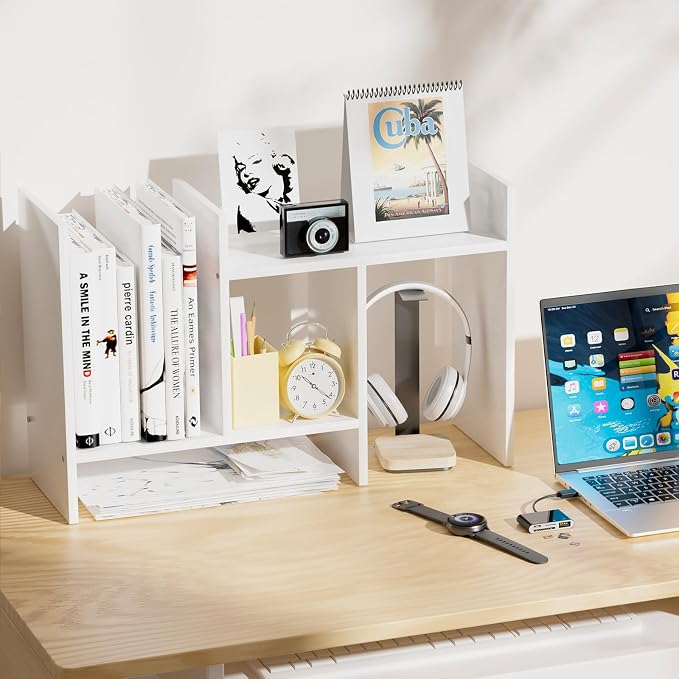 Desk Shelves Wood Desktop Orgnizer Shelf. Office Organization for Top of Desk Organizers and Accessories Bookshelf Shelving,Adjustable Tier H-Shape Mini Bookcase(White)