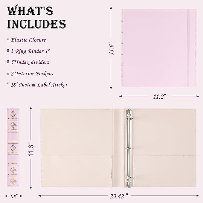 Ospelelf Vintage Leather 3 Ring Binder 1 Inch, Hardback D Ring Binder with Pockets and 5 Tab Dividers, Book Style Document Organizer Fits Letter Size Paper for Home and Office Pink