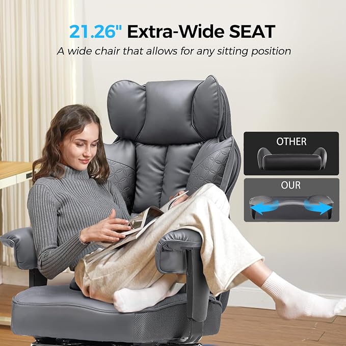 COMHOMA Big and Tall Office Chair Heavy Duty Wide Ergonomic Gaming Chair with Deluxe Embossing Designed Leather with Foot Rest,150°Reclining Adjustable Armrests Pocket Spring Back Support and Pillow