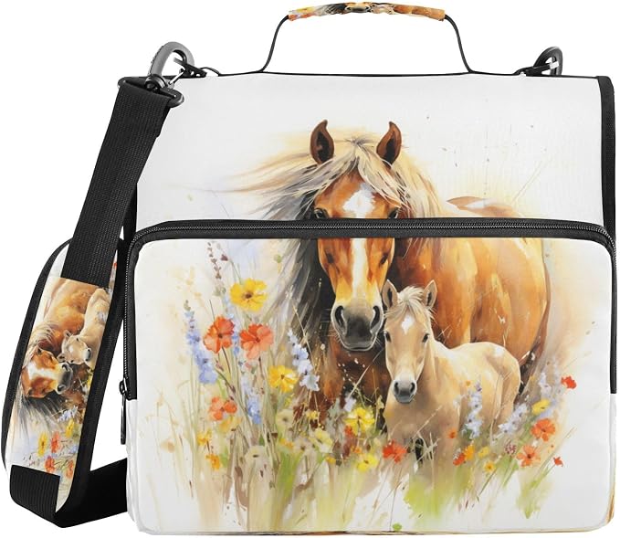 ALAZA Zipper Binder 3 Ring Horse Animal with Flowers Binder Organizer with Zipper and Shoulder Strap Large Capacity Multi-Pocket Trapper Keeper File Folder for Office Supplies