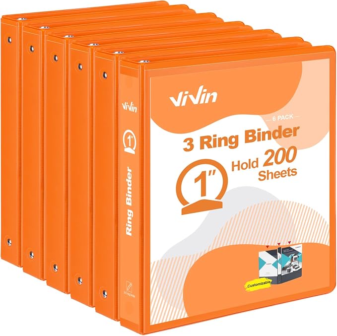 ViVin 1 Inch Round Ring View Binder for Durability, 6-Pack (Orange) | Standard 3 Ring Binder for 200 Sheets of US Letter Size Paper, PVC-Free, Clear View Cover, Office Home School Use