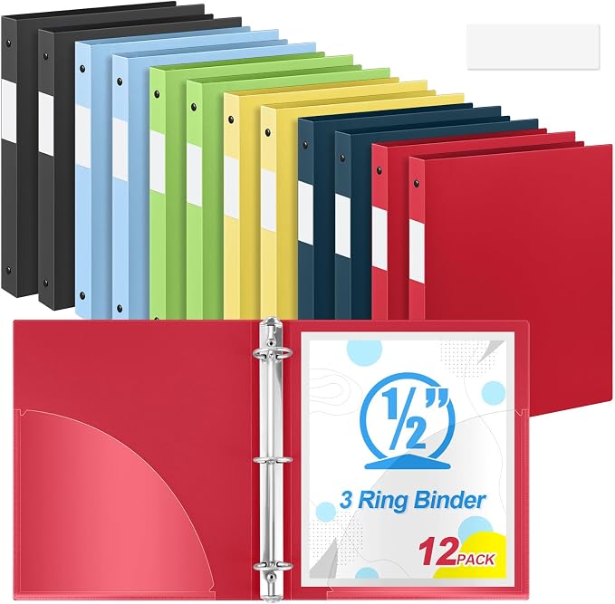 Henoyso 1/2 Inch 3 Ring Colored Binders Soft Flexible, 8.5'' x 11'' Plastic Floppy Binders Bendable with 2 Pockets, Colorful Binder Bulk for School Office Business ，12 Pack (Assorted Color)