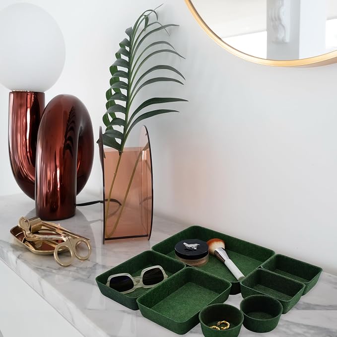 Felt Desk Drawer Organizer Tray 7pc Storage Bin Minimal Forest Green