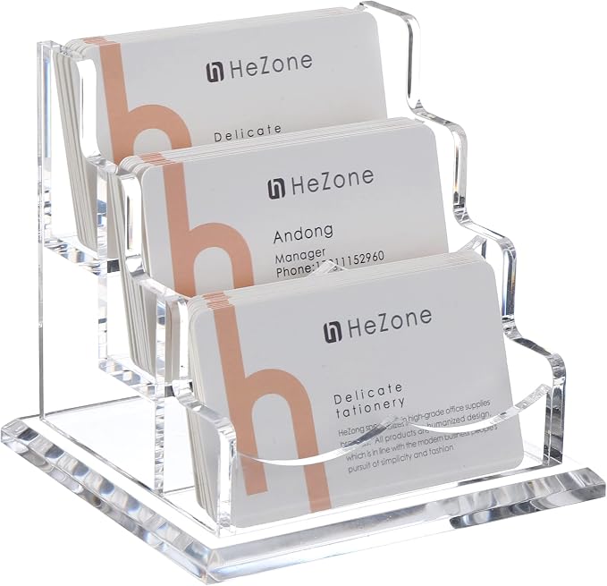 HeZone Business Card Holder for Desk 3 Slots 3 Tier, Clear Acrylic Cards Display Stand, Cards Organizer for Women and Men, Hold 150 Cards-Horizontal 3 Slots