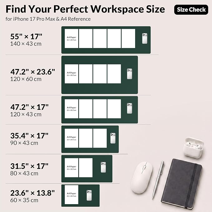 AFIING Cork Desk Mat, Dark Green, 23.6" x 13.7", Desk Pad Protector | Dual-Sided & PU Leather, Waterproof, Non-Slip for Mouse Pad, Writing, Home Office& Laptop