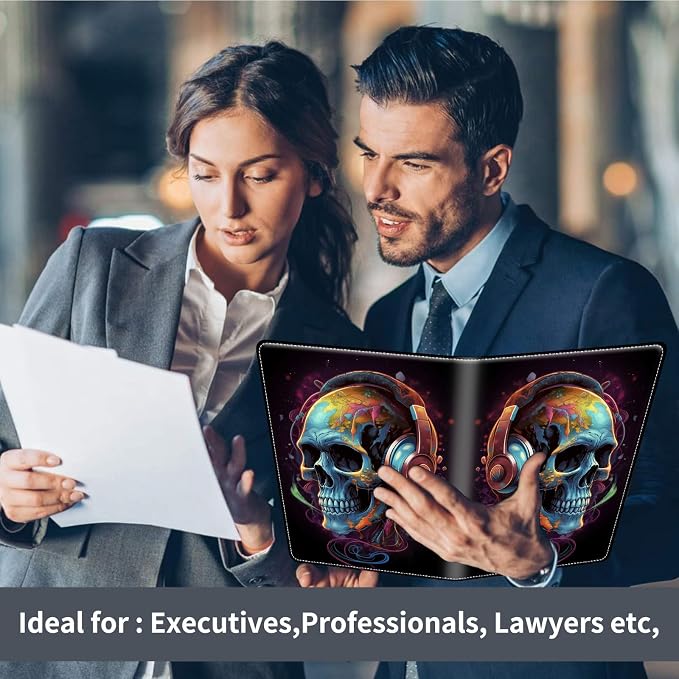 Padfolio/Portfolio Folder Clipboard,Padfolio Clipboard,Writing Portfolio Leather with Cover for Card Holder Slot Letter Size A4 for Office Conference Notepad Clip Boards,Skull with Headphones