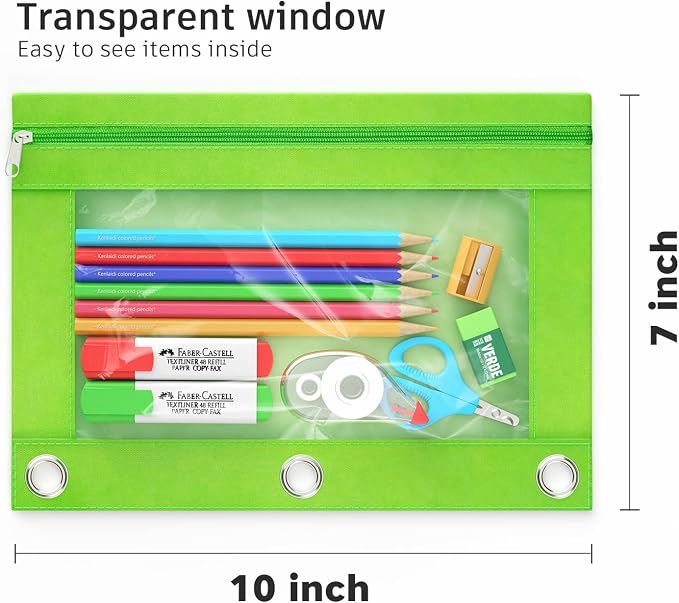 Binder Pencil Pouches, Pencil Pouch for 3 Ring Binder with Zipper Pulls, Clear Window Pencil Case for Binder, Zipper Pencil Pouches with Rivet Enforced 3 Ring, 20 Pack, 10 Color