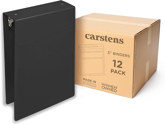 Carstens 3-Inch Heavy Duty 3-Ring Binder - Top Opening, Black, Durable Plastic, No-Gap Rings, Waterproof Cover, No Pockets, Holds 400 Letter Sheets, BPA-Free, Made in USA (1755-3R), Case of 12