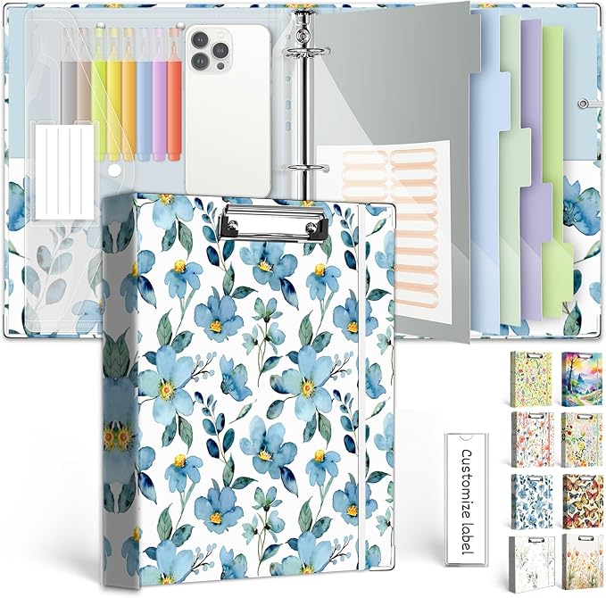 3 Ring 1 Inch Binder Organizer, KLLVE Three Ring Binders with Clipboard, 5-Tabs Pockets Dividers, Plastic Folder, 18 Divider Stikers,Pen Loop (Blue Flora, Letter Size)
