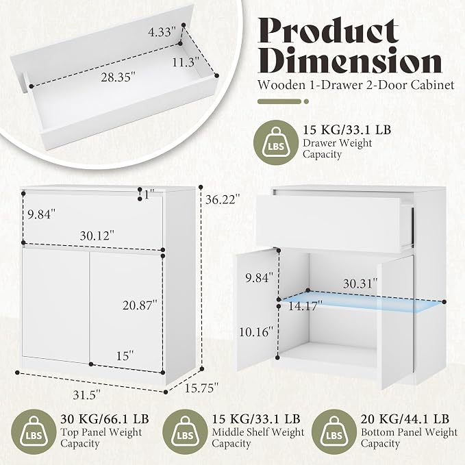 AMERLIFE Storage Cabinet with 2 Doors, 32 x 16 x 36 Inch | 1-Tier Storage Case and Modern Display Shelf for Collectibles, White