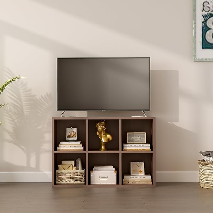 6-Cube Storage Shelf Bookcase, Walnut | Wooden 3-Tier Open Bookshelf, Fits 11×11" Bins, Vertical or Horizontal Use, Full Back Panels, For Home Office