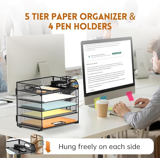 5-Tier Paper Organizer for Desk with Pen Holders, Letter Trays, Black | Metal Mesh Desktop File Organizer with Removable Trays and 2 Handles for Paper, Files, Mail, Folders in Office Home or School