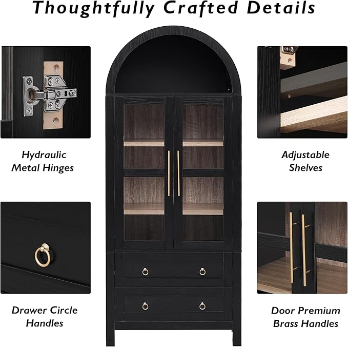 71" Arched Storage Cabinets with Glass Doors, Farmhouse Kitchen Pantry Cabinet with 2 Large Drawers, Tall Bookcase with Adjustable Shelves, Curio Cabinet, Display Cabinet (Black)