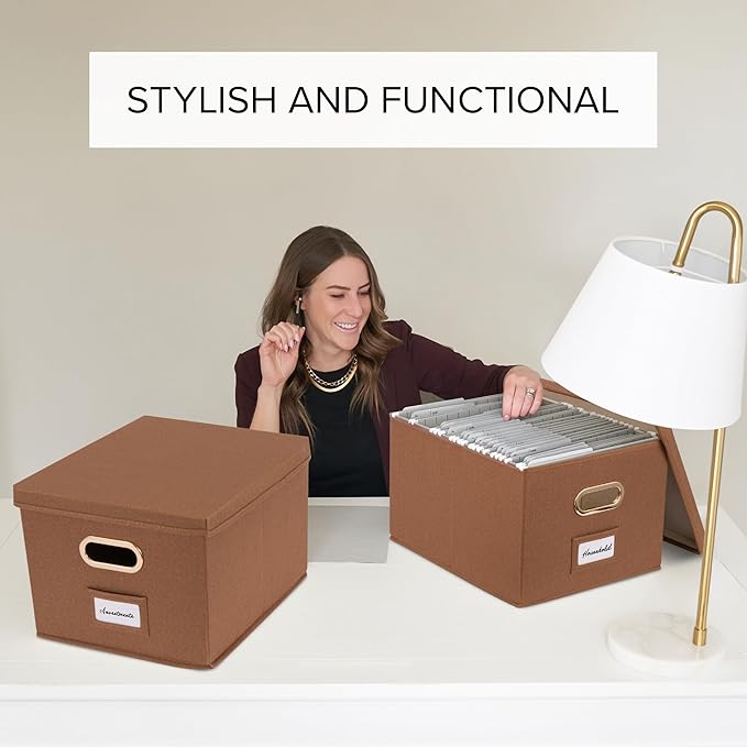Decorative File Organizer Box Set of 2 - Collapsible Linen Filing Cabinets | Stores Documents and Hanging File Folders - Portable Office Crates with Lid and Handles for Easy Slide Access