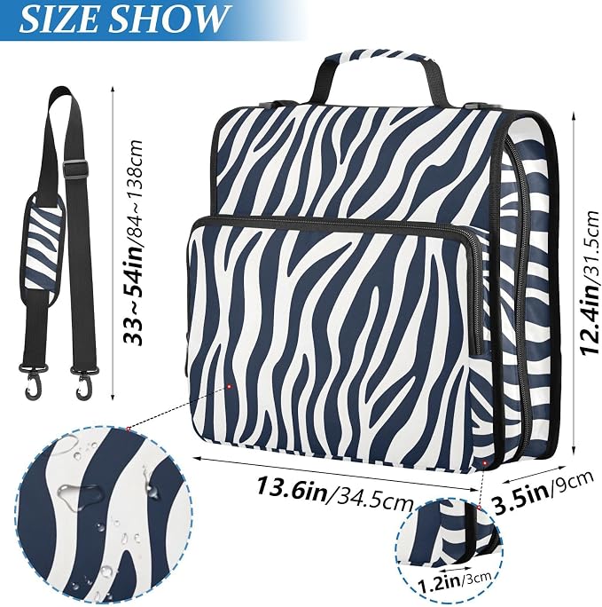 Blue White Zebra Print 3 Ring Binder Bag 1.5 inch Binder Organizer with Zipper Shoulder Strap 500 Sheet Documents Storage for School Office