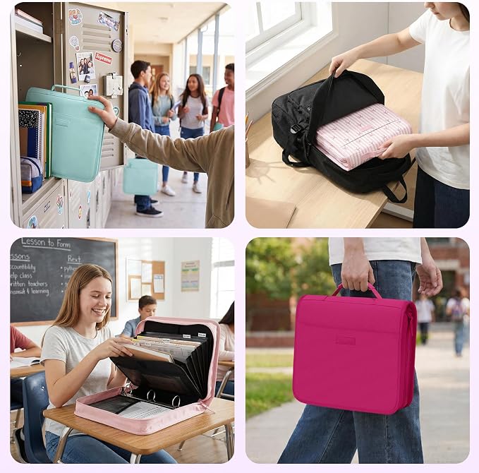 SUNEE Zipper Binder with Handle, 1.5 Inch O-Ring, 325 Pages Capacity, with 5-Tab Expanding File Folder for Classified Storage, Small Size Lightweight Zipper Bag for Middle School Students, Berry Pink