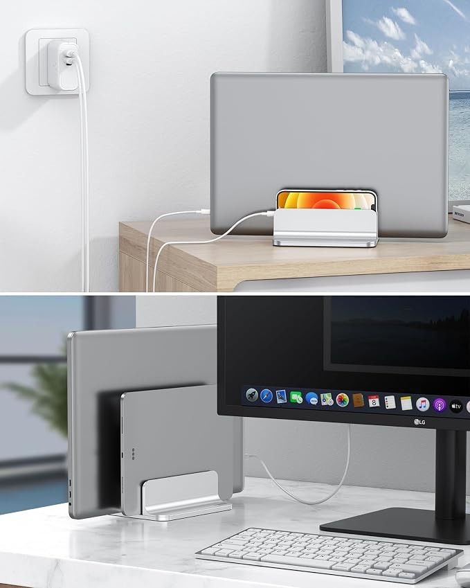 OMOTON Dual Vertical Desk Laptop Stand Holder, Fits MacBook Air/Pro, Silver | Aluminum Laptop Storage Rack for Desk, Adjustable Dock for Up to 17.3 in. Gaming Laptop, Space-Saving Desk Organizer