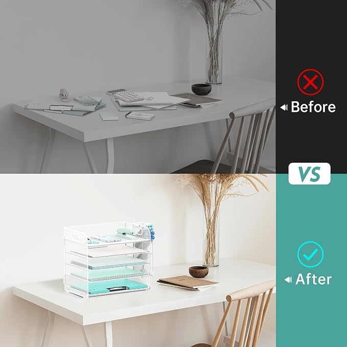 5-Tier Paper Organizer for Desk with Pen Holders, Letter Trays, White | Metal Mesh Desktop File Organizer with Removable Trays and 2 Handles for Paper, Files, Mail, Folders in Office Home or School