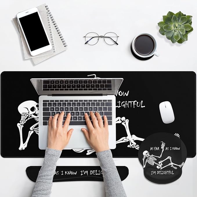 Keyboard Mouse Pad Set, 4 in 1 Desk Mat Set, Skull Skeleton Black | Large Mousepad+Keyboard Wrist Rest+Mouse Wrist Rest+Coaster Ergonomic Design for Home Office Computer
