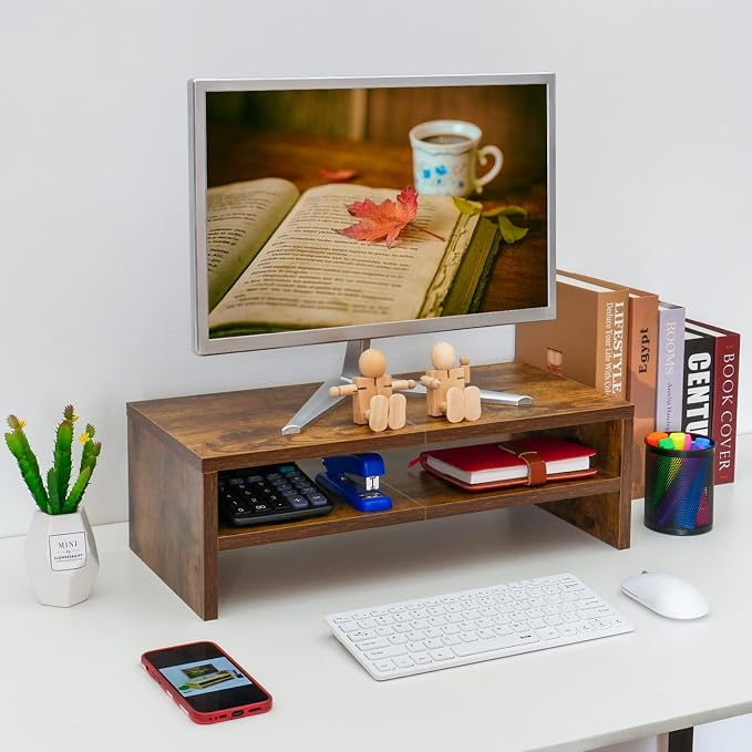 TEAMIX 20 inch Monitor Riser Stand - 2 Tiers, Wood Rustic Desktop Bookshelf | Laptop/PC/Printer/Keyboard Storage, Ergonomic Design, 15mm thick Sturdy Wood Boards, TV Stand, Home Office Desk Accessories
