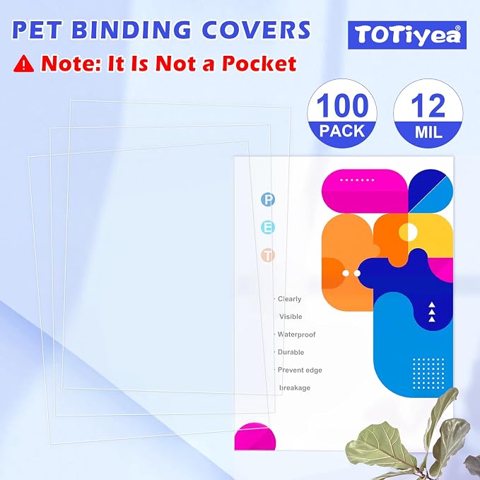TOTiyea 100 Pack 12 Mil Ultra Clear Binding Covers,Letter Size | Clear cover sheets for binding,Unpunched,long-lasting durability,Clear binding covers for office, school,business documents